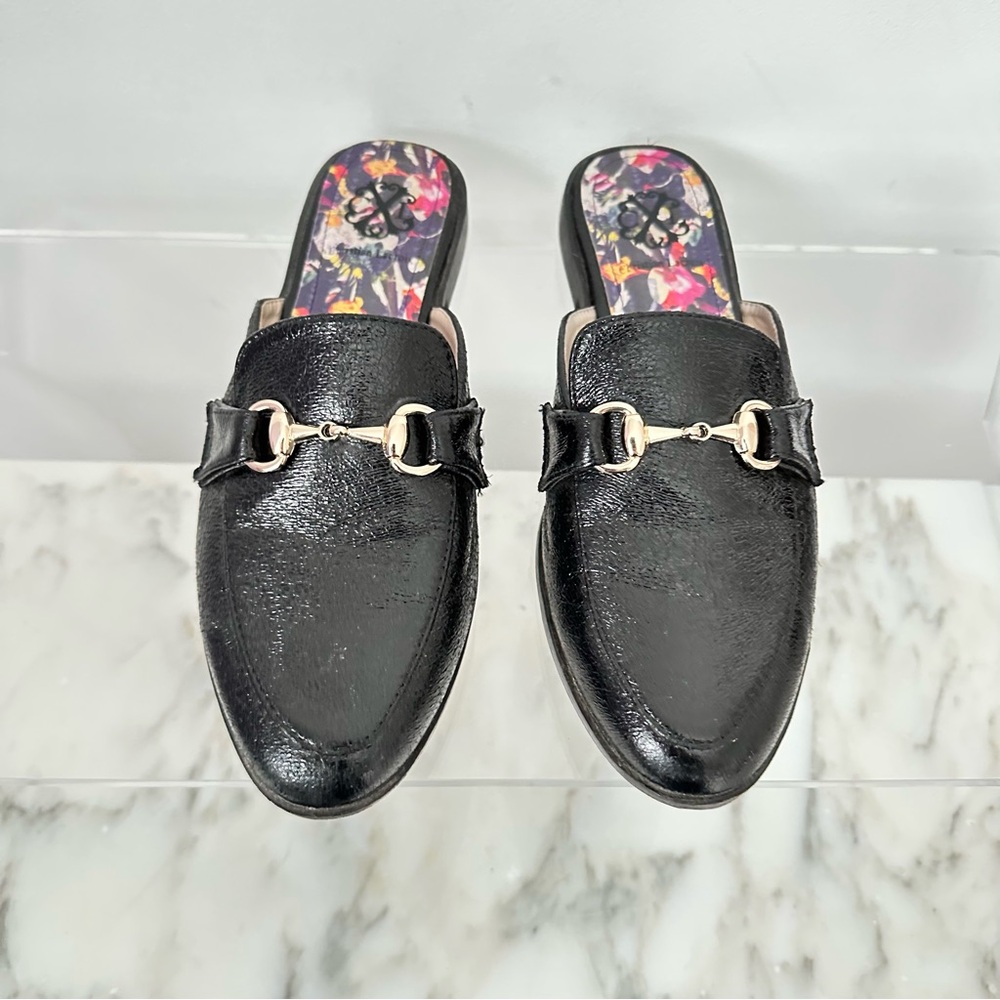 Christian Lacroix Black Horsebit Mules Gold Buckle Floral Insole Chic Timeless